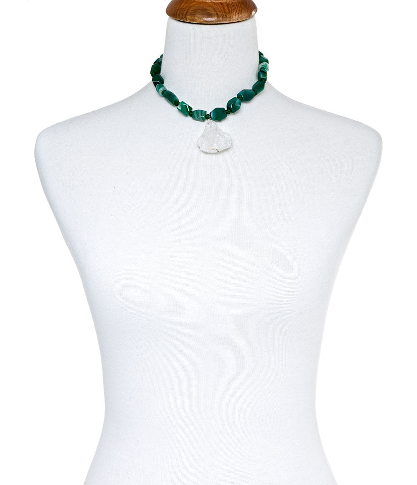 Sugared Green Agate With Rock Crystal Necklace