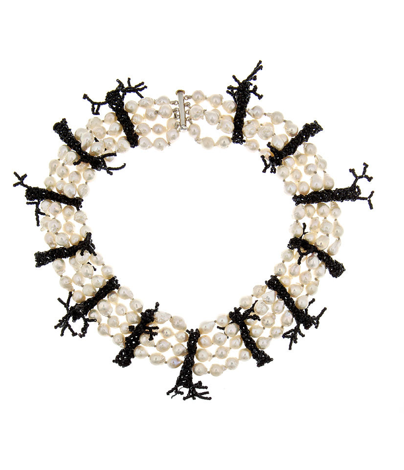 Pearl Collar Black Czech Glass Coral