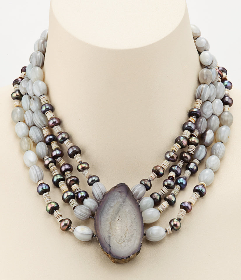 Botswana Agate Necklace With Freshwater Pearls