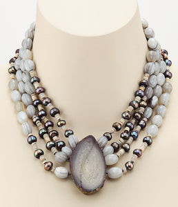 Botswana Agate Necklace With Freshwater Pearls