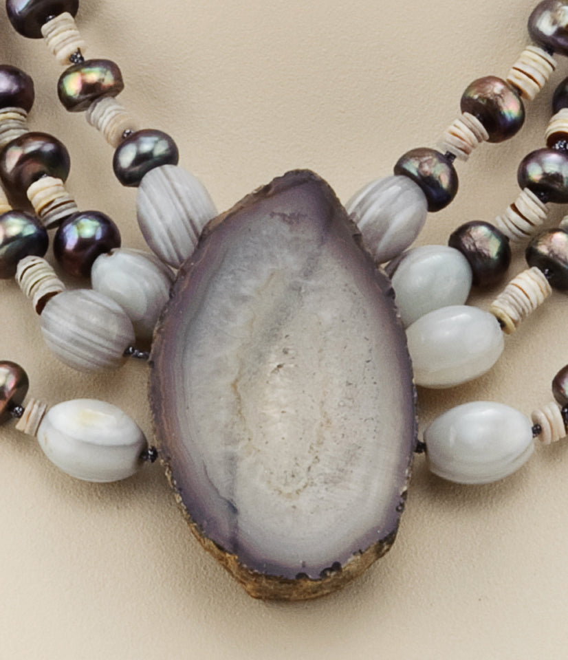 Botswana Agate Necklace With Freshwater Pearls