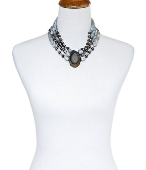 Botswana Agate Necklace With Freshwater Pearls