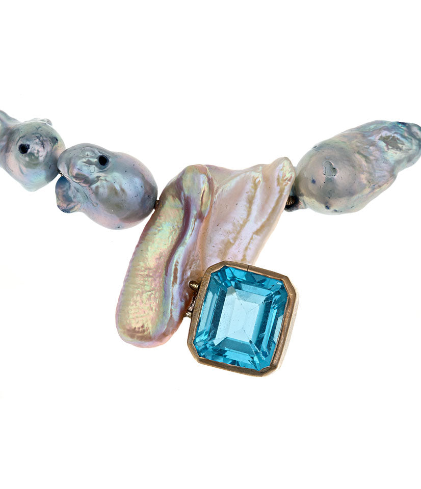 Blue Topaz And Bi-Colored Biwa Pearl