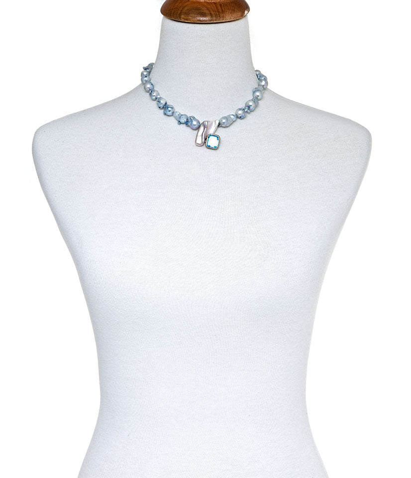 Blue Topaz And Bi-Colored Biwa Pearl